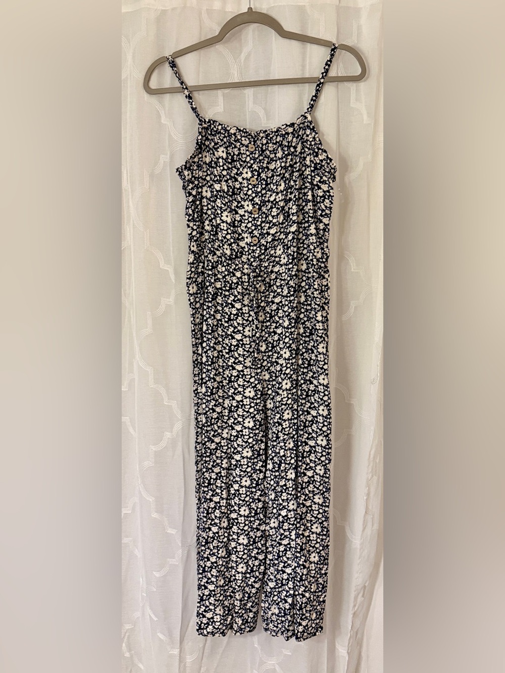 As U Wish Navy Blue & White Floral Wide Leg Jumpsuit | Large | NWT